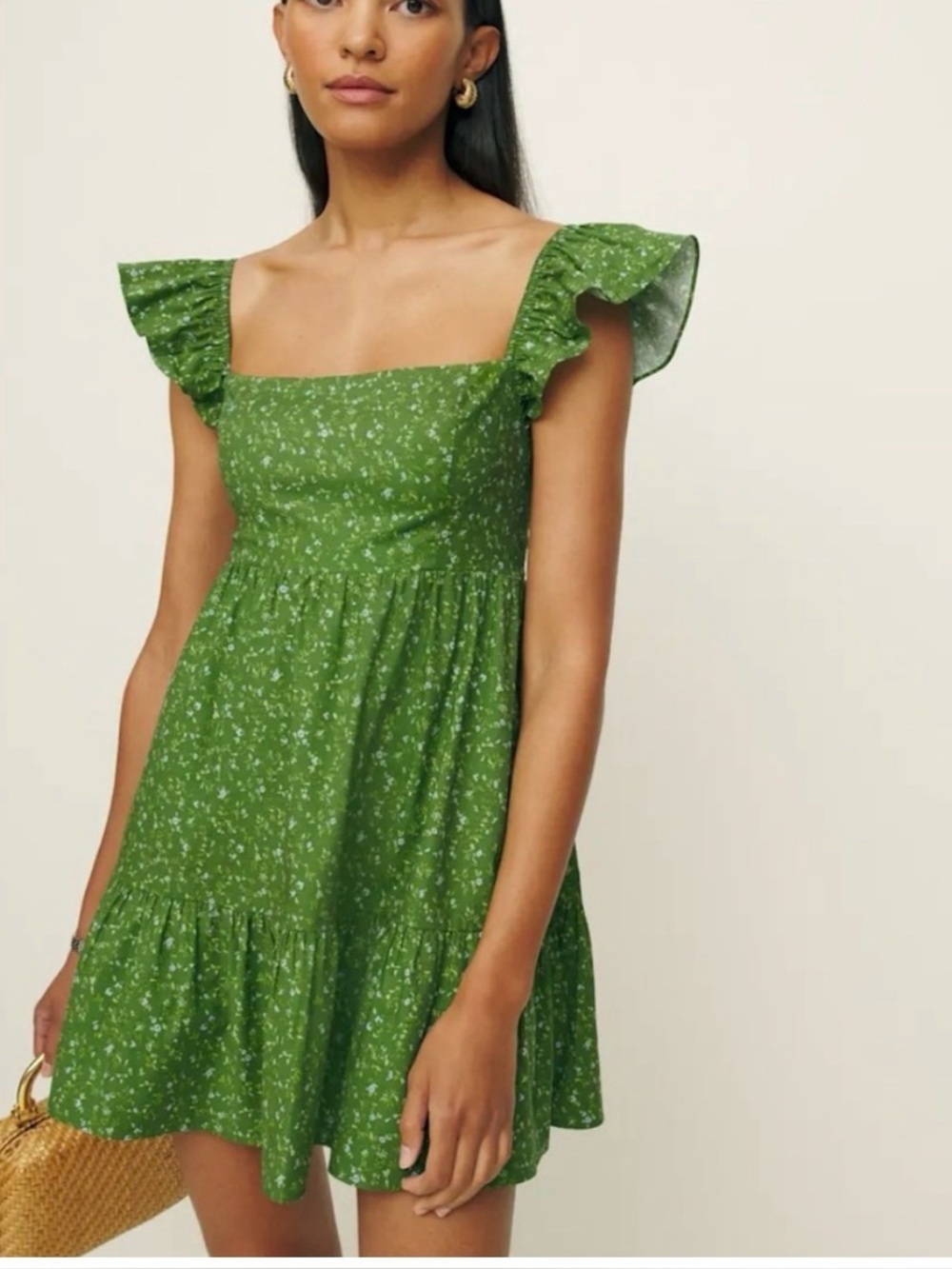Reformation Jeune Dress flutter sleeves square neckline Womens Size 2 green